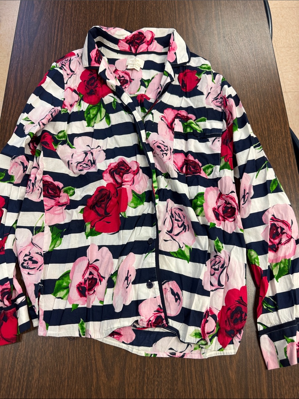 kate spade Navy & White Striped Shirt with Pink & Red Rose Print